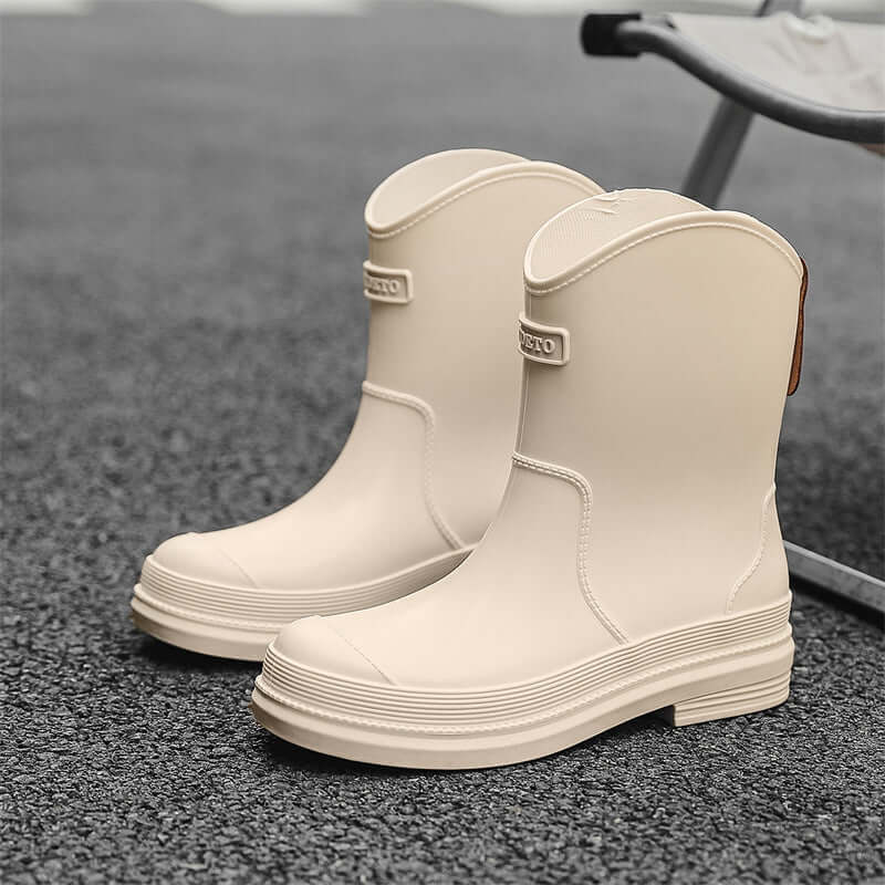 Fashionable All-match Women's Mid-calf Contrast Color Waterproof Shoes Rubber Boots $37.90 Dana Fashion Color: Pure Apricot Size: 35 Women's shoes Product information: Pattern: solid color Color: pure khaki, pure green, pure apricot, pink blue, black, yel