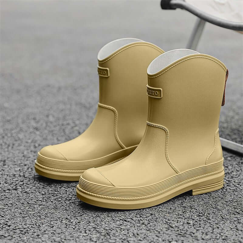 Fashionable All-match Women's Mid-calf Contrast Color Waterproof Shoes Rubber Boots $37.90 Dana Fashion Color: Pure Khaki Size: 35 Women's shoes Product information: Pattern: solid color Color: pure khaki, pure green, pure apricot, pink blue, black, yello