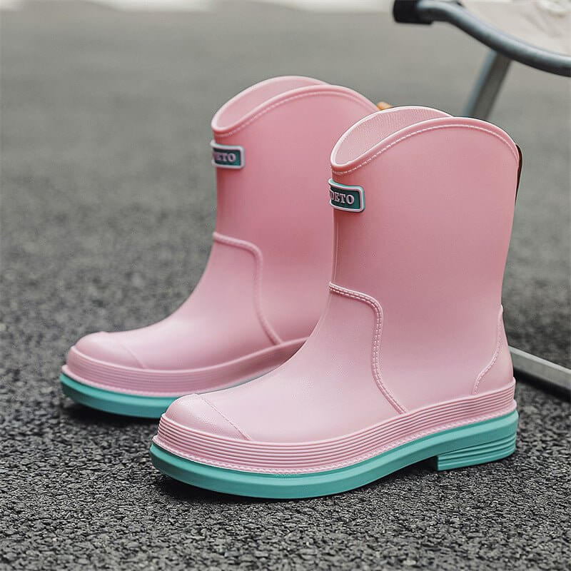 Fashionable All-match Women's Mid-calf Contrast Color Waterproof Shoes Rubber Boots $37.90 Dana Fashion Color: Pink Blue Size: 35 Women's shoes Product information: Pattern: solid color Color: pure khaki, pure green, pure apricot, pink blue, black, yellow