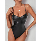 Faux Leather Lace Stitched Backless Sexy Patent Leather Series Neck Underwear - DanaFashionstore