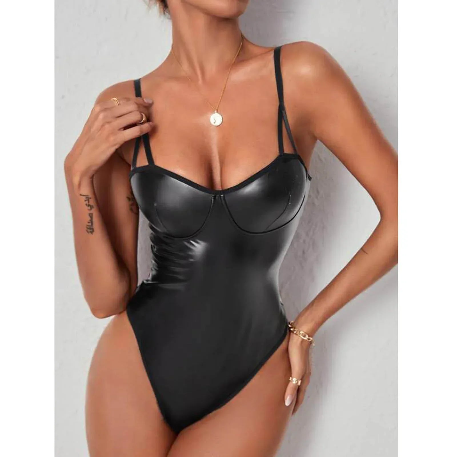 Faux Leather Lace Stitched Backless Sexy Patent Leather Series Neck Underwear - DanaFashionstore