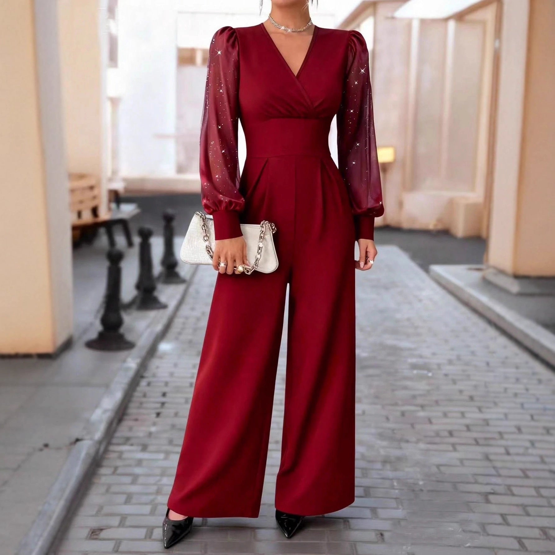 V Neck Defined Waist Sexy Mesh Patchwork Straight Suit For Women