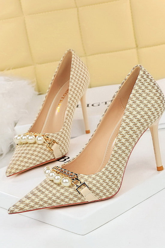 Shallow Mouth Pointed Pearl Chain Plaid Women's Single Shoes