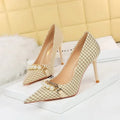Shallow Mouth Pointed Pearl Chain Plaid Women's Single Shoes - DanaFashionstore