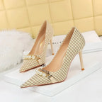 Shallow Mouth Pointed Pearl Chain Plaid Women's Single Shoes - DanaFashionstore
