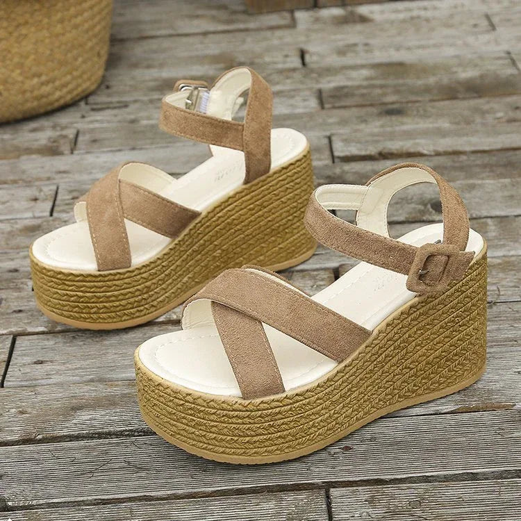 Wedge Sandals For Women Summer Casual Non-slip Cross-strap Platform Shoes With Hemp Heels Shoes - DanaFashionstore
