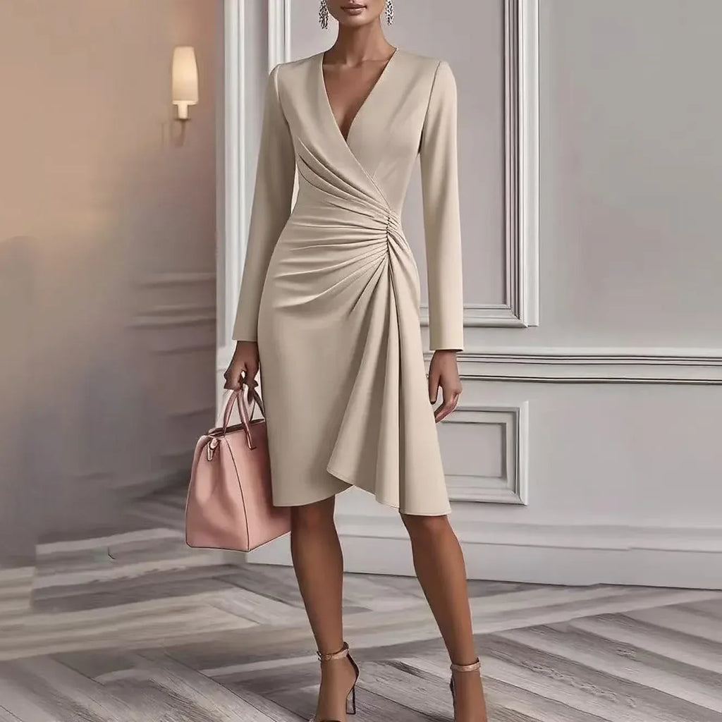 Solid Color Slim-fit Long Sleeve V-pleated Design Dress - DanaFashionstore