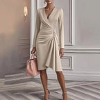 Solid Color Slim-fit Long Sleeve V-pleated Design Dress - DanaFashionstore