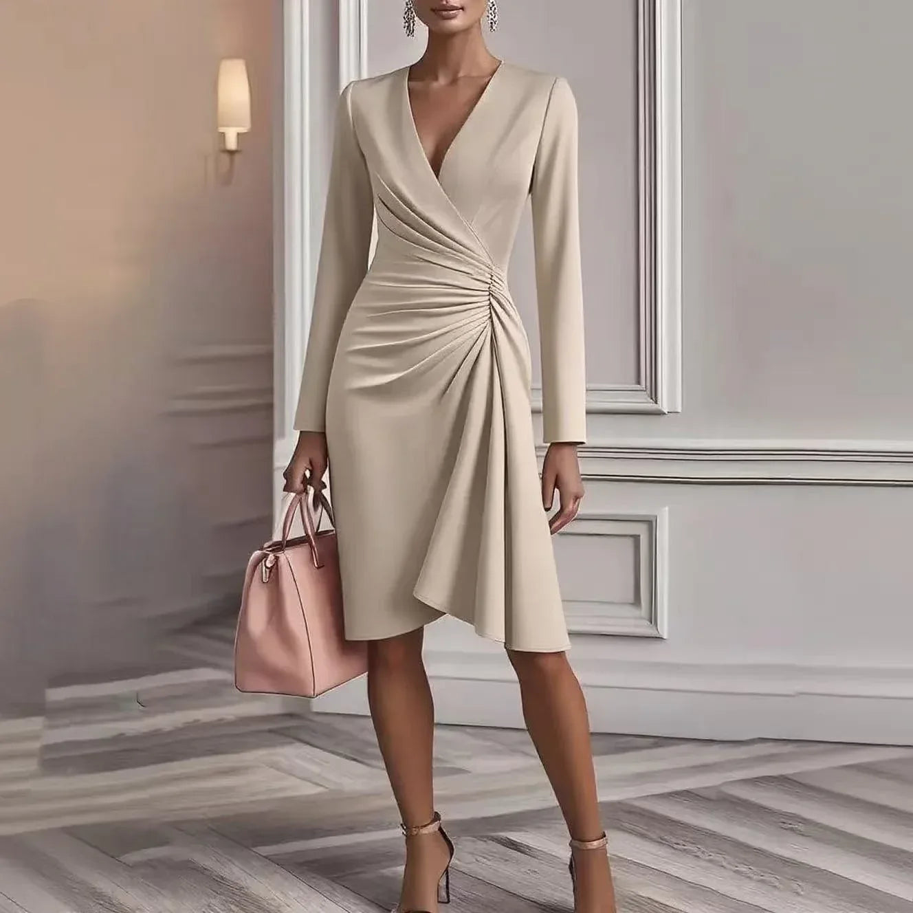 Solid Color Slim-fit Long Sleeve V-pleated Design Dress - DanaFashionstore