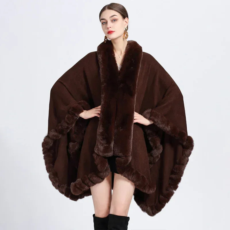 Rex Rabbit Fur Collar Shawl Irregular Oversized Knitted Cardigan Baggy Coat - DanaFashionstore