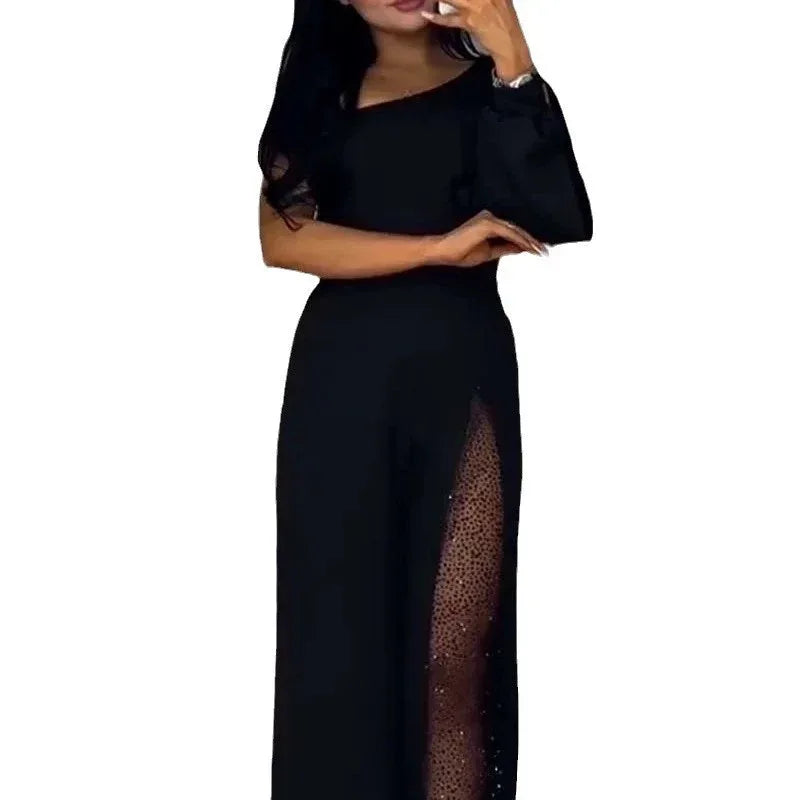 Oblique Shoulder High Slit Jumpsuit 2026 - Fall Winter Sexy Jumpsuit - DanaFashionstore