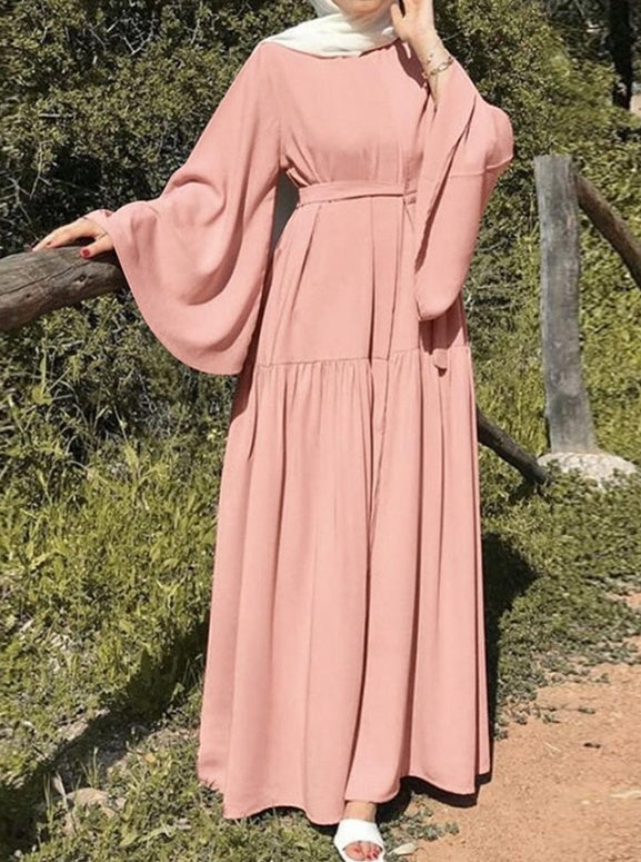 Women's Casual Flared Sleeve Tie-Waist Long Skirt
