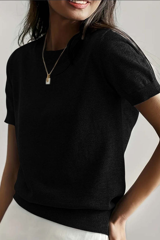Simple Niche Round Neck Solid Color French Short Sleeve Sweater Sweater