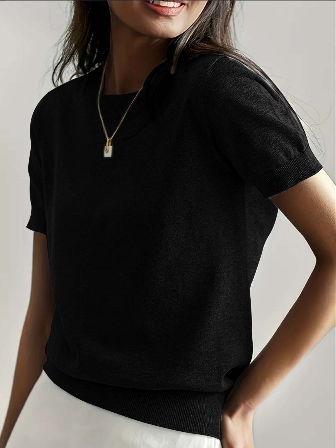 Simple Niche Round Neck Solid Color French Short Sleeve Sweater Sweater