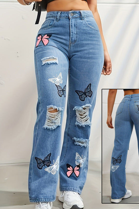 High Waisted Straight Leg Jeans For Women Trendy Butterfly Print Ripped Distressed Denim Pants