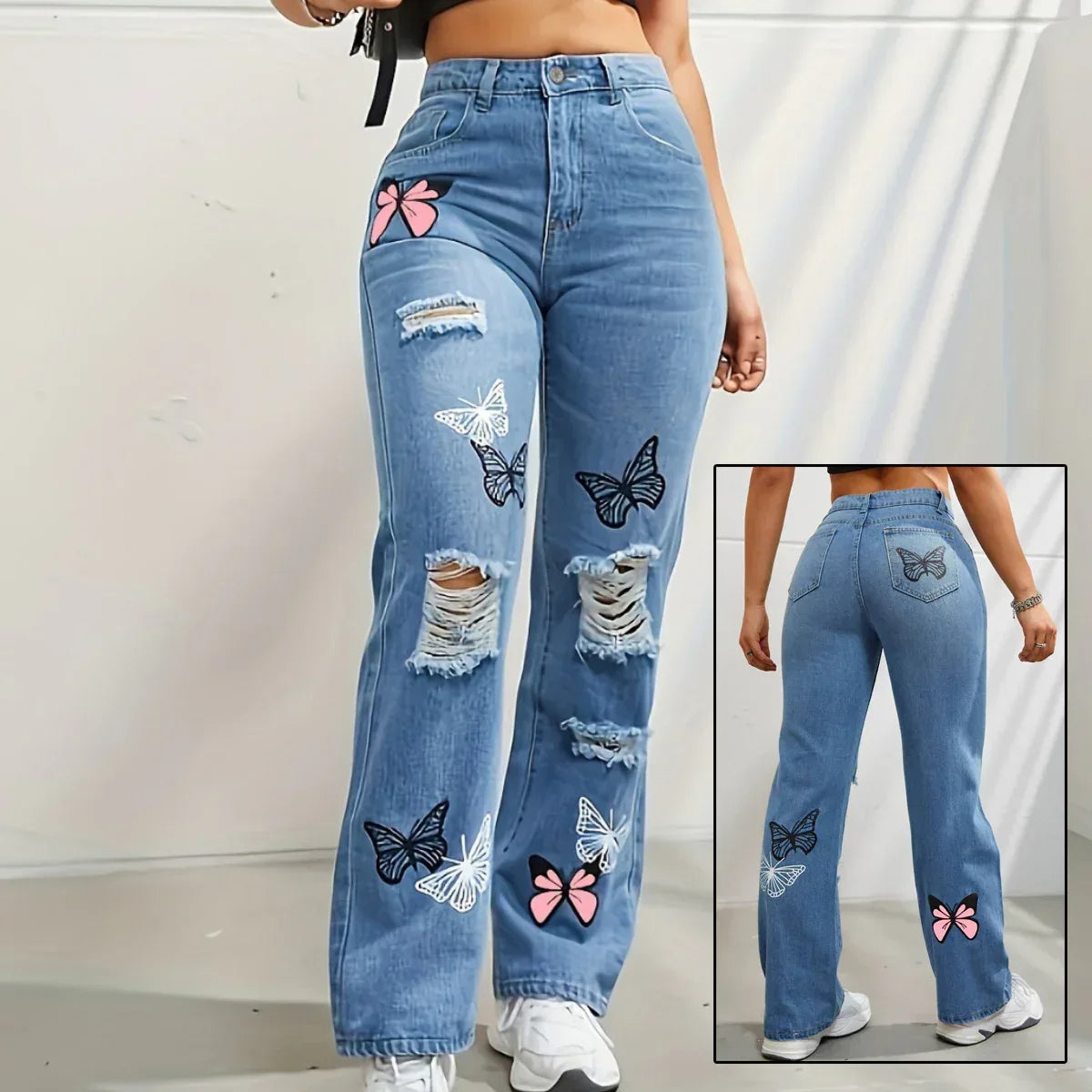 High Waisted Straight Leg Jeans For Women Trendy Butterfly Print Ripped Distressed Denim Pants - DanaFashionstore