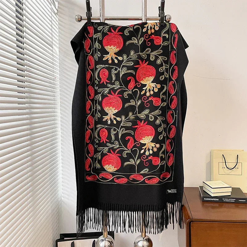 Contrast Color Pomegranate Leaf Embroidered Double-sided Shawl - DanaFashionstore