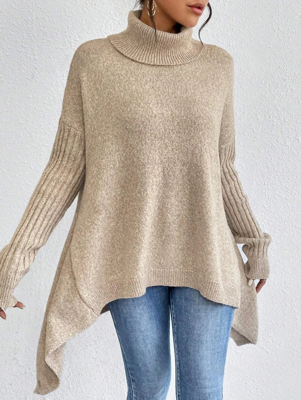 Irregular Turtleneck Sweater Winter Loose Long Sleeve Knitted Tops Leisure Warm Pullover Sweater Women's Clothing - DanaFashionstore