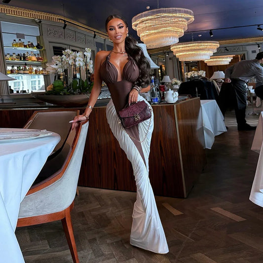 Autumn And Winter New Color Contrast Patchwork Halter Lace-up Dress - DanaFashionstore