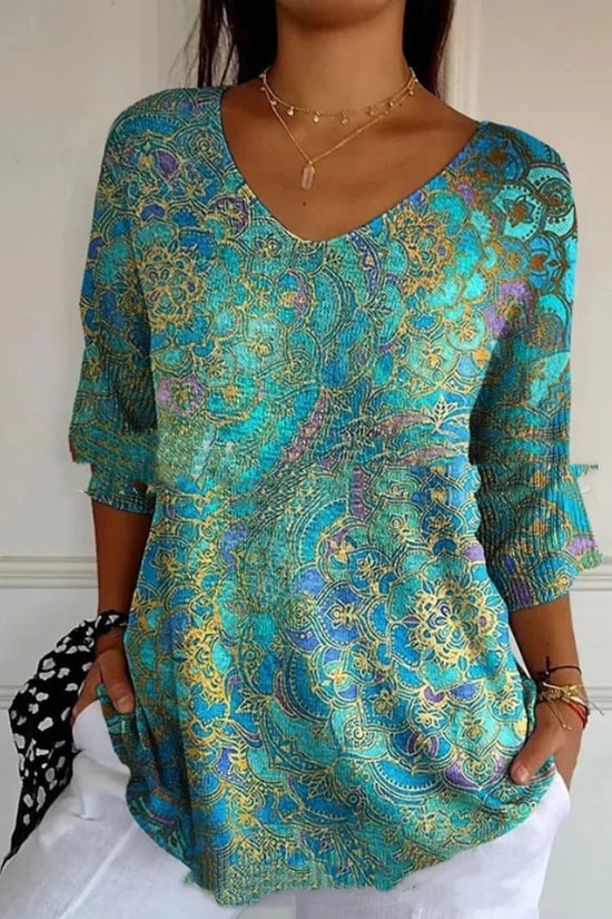 New Fashion Casual V-neck 3D Printed Geometric Pattern Half Sleeve T-shirt Top For Women