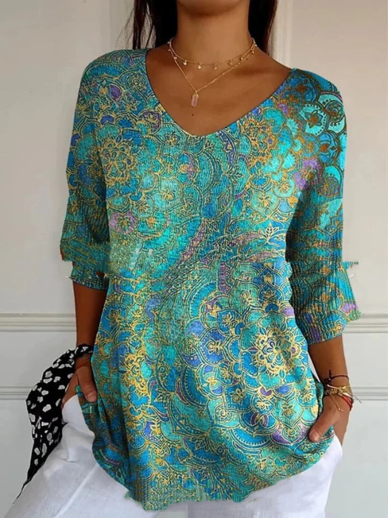 New Fashion Casual V-neck 3D Printed Geometric Pattern Half Sleeve T-shirt Top For Women