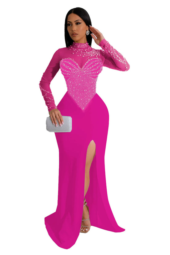 Women's Rhinestone Pearl See-through Waist-tight Stretch Split Dress