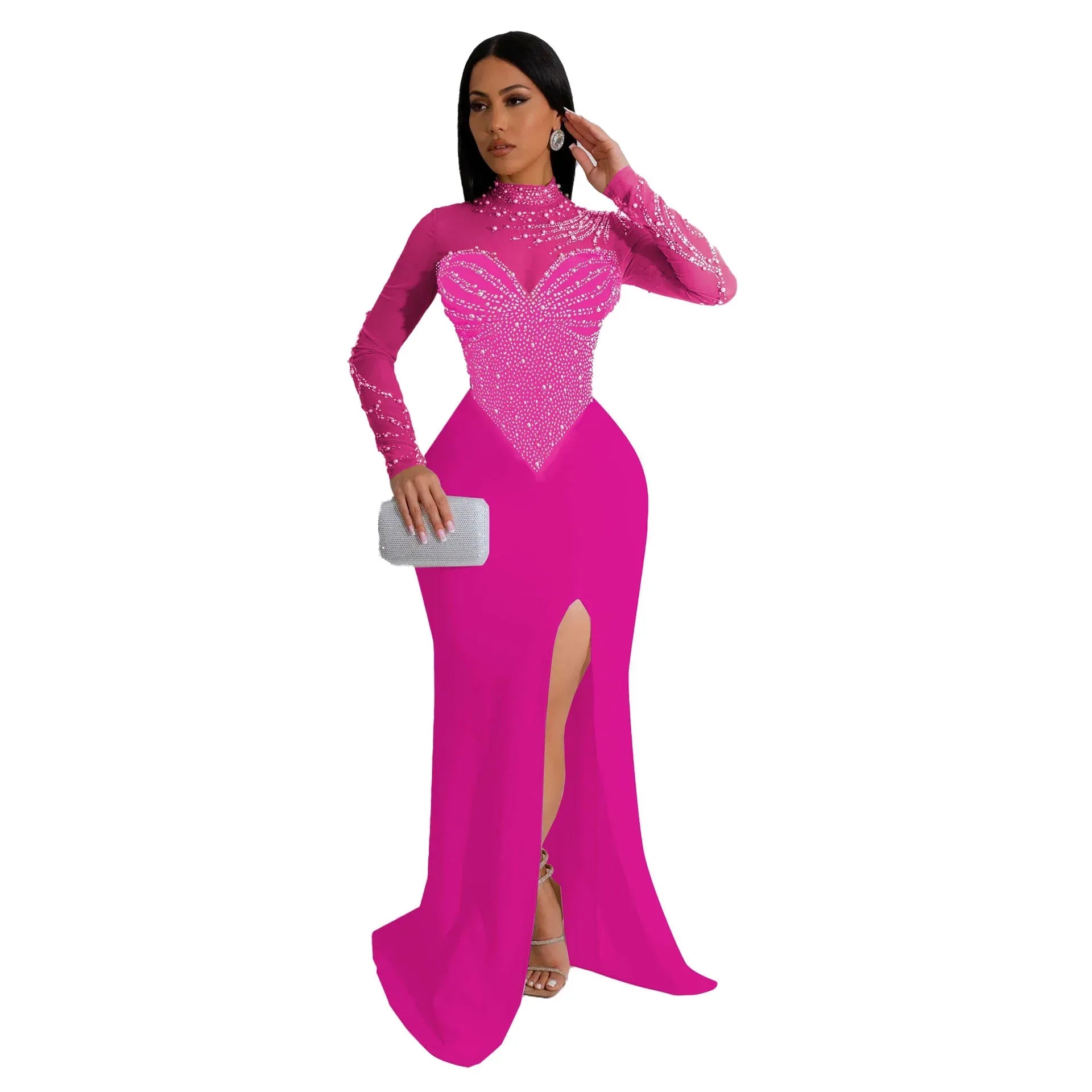 Rhinestone Pearl See-Through Dress 2026 - Waist-Tight Split Dress - DanaFashionstore