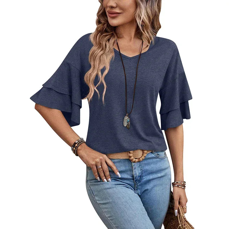 Loose V-neck Ruffle Sleeve T-shirt Fashion Solid Mid-sleeve Tops Women's Clothing - DanaFashionstore