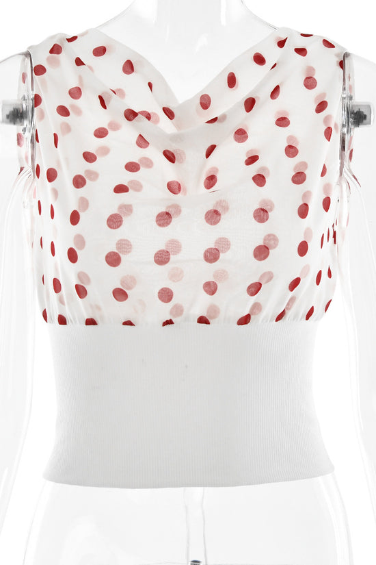 Polka Dots Print Oblique Shoulder Tops Summer Patchwork Chiffon Crop Top Women Sexy Sleeveless Lace Up Backless Blouse Casual Streetwear Tee