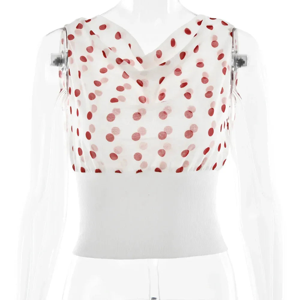 Polka Dots Print Oblique Shoulder Tops Summer Patchwork Chiffon Crop Top Women Sexy Sleeveless Lace Up Backless Blouse Casual Streetwear Tee - DanaFashionstore
