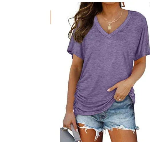 European And American T-shirt Solid Color Casual Loose-fitting V-neck Top - DanaFashionstore