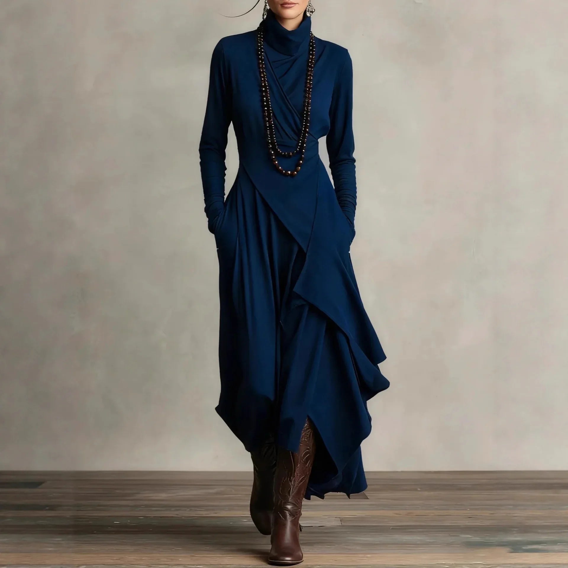 Women's Solid Color Cross-sleeve High-neck Dress - DanaFashionstore
