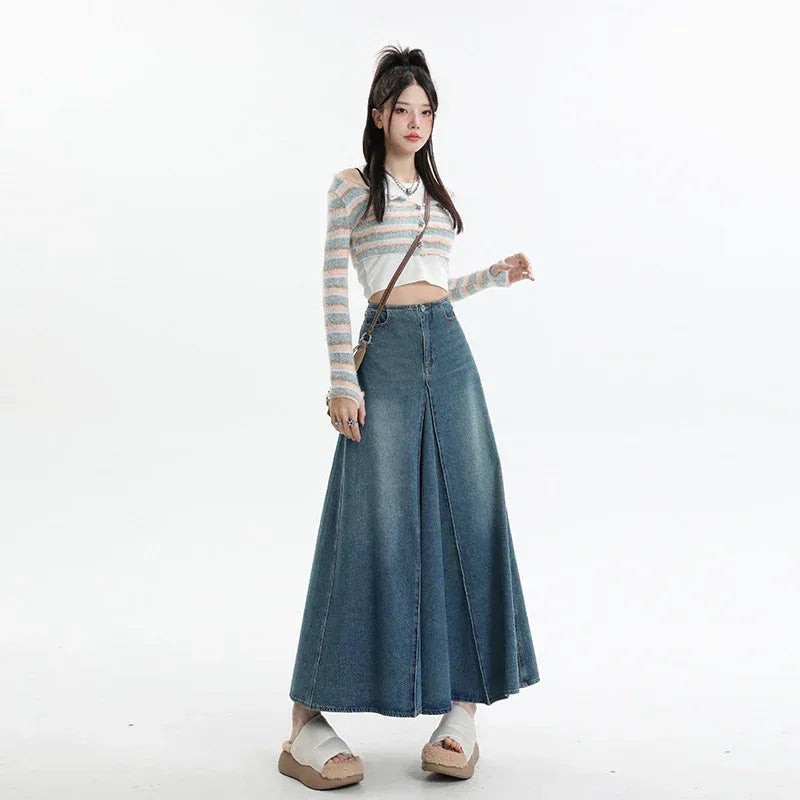 American Style Retro Big Swing Denim Spring New High Waist A- Line Slimming Mid-length Skirt - DanaFashionstore