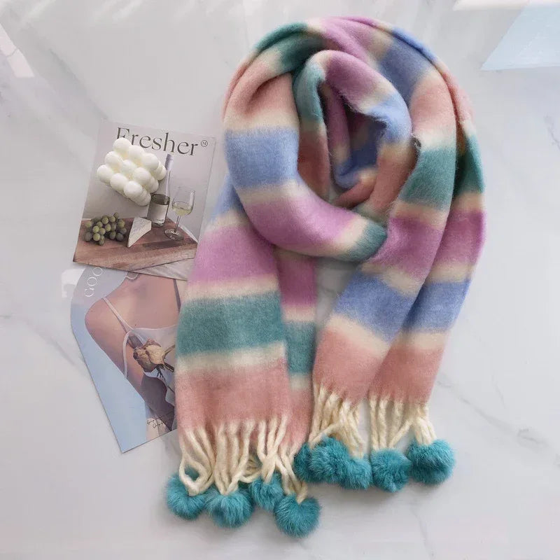 Rainbow Dopamine Mohair Tassel Scarf - DanaFashionstore
