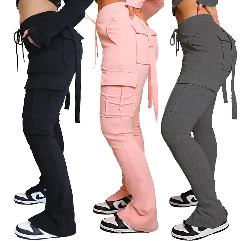 Cargo Pants With Pockets High Waist Drawstring Wide Leg Straight Trousers For Women Overalls - DanaFashionstore