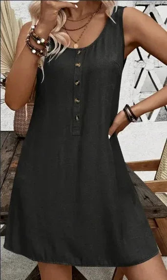 Elegant Round Neck Button-Up Dress Women 2026 - Sleeveless Short Dress - DanaFashionstore