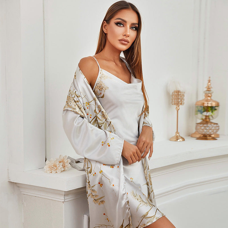 Women's Thin Mid-Length Lace-Up Nightgown Nightdress Two Piece Set - Dana Fashion