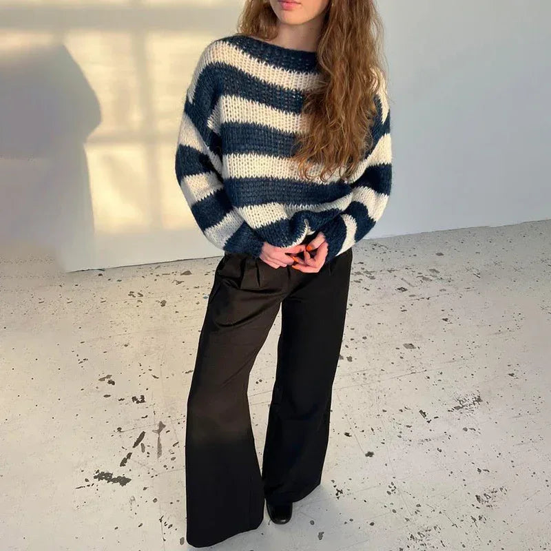 Loose Striped Pullover Sweater Fashion Versatile Long-sleeved Knitted Tops For Women Clothing - DanaFashionstore