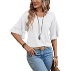 Loose V-neck Ruffle Sleeve T-shirt Fashion Solid Mid-sleeve Tops Women's Clothing - DanaFashionstore