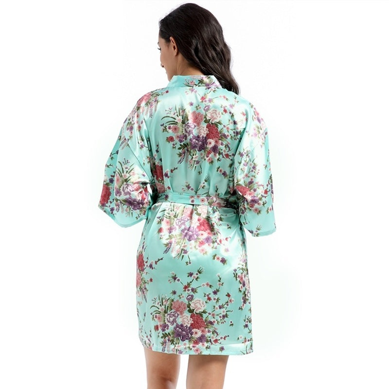 Home Short Cardigan Nightgown Plus Size Loose Silk Printing Morning Gowns - Dana Fashion