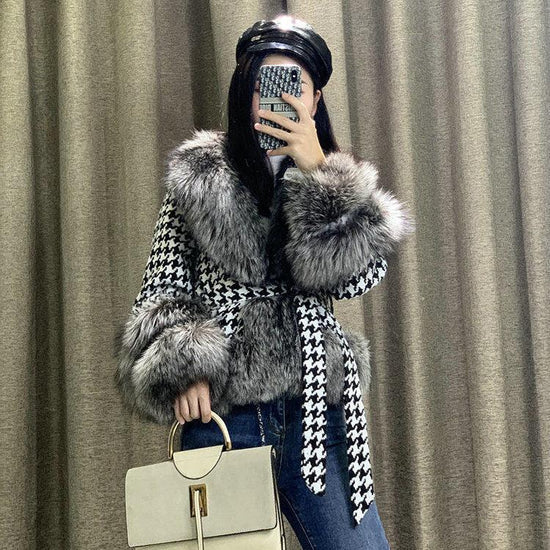 Fur Coat Women's Short Houndstooth Fur Collar Silver Fox Fur Jacket - DanaFashionstore