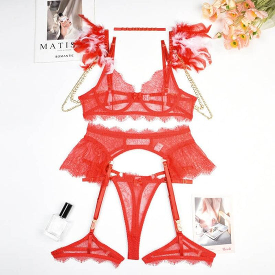 Feather Lace Chain Heavy Industry Underwear Suit In Stock Women $45.50 Dana Fashion Color: Red Size: L Women's clothing Product information: Main composite material: Polyester Fiber (polyester) Application Gender: Female Style: wire mesh Size: Unit: cm No