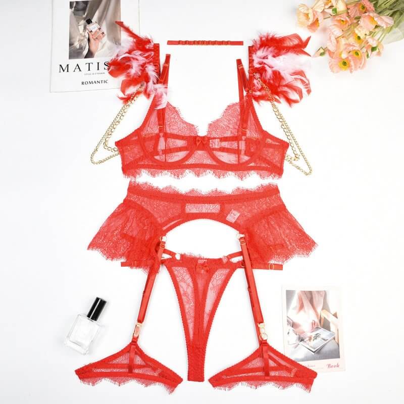 Feather Lace Chain Heavy Industry Underwear Suit In Stock Women $45.50 Dana Fashion Color: Red Size: L Women's clothing Product information: Main composite material: Polyester Fiber (polyester) Application Gender: Female Style: wire mesh Size: Unit: cm No