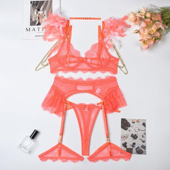 Feather Lace Chain Heavy Industry Underwear Suit In Stock Women $45.50 Dana Fashion Color: Orange Red Size: L Women's clothing Product information: Main composite material: Polyester Fiber (polyester) Application Gender: Female Style: wire mesh Size: Unit