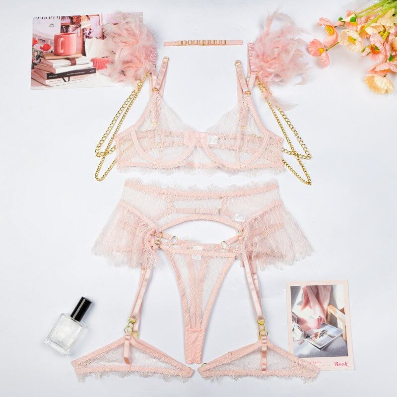 Feather Lace Chain Heavy Industry Underwear Suit In Stock Women $45.50 Dana Fashion Color: Bare Pink Size: L Women's clothing Product information: Main composite material: Polyester Fiber (polyester) Application Gender: Female Style: wire mesh Size: Unit: