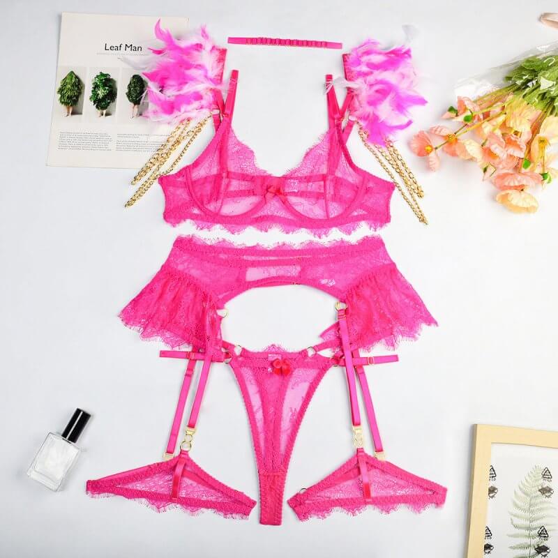 Feather Lace Chain Heavy Industry Underwear Suit In Stock Women $45.50 Dana Fashion Color: Rose Red Size: L Women's clothing Product information: Main composite material: Polyester Fiber (polyester) Application Gender: Female Style: wire mesh Size: Unit: