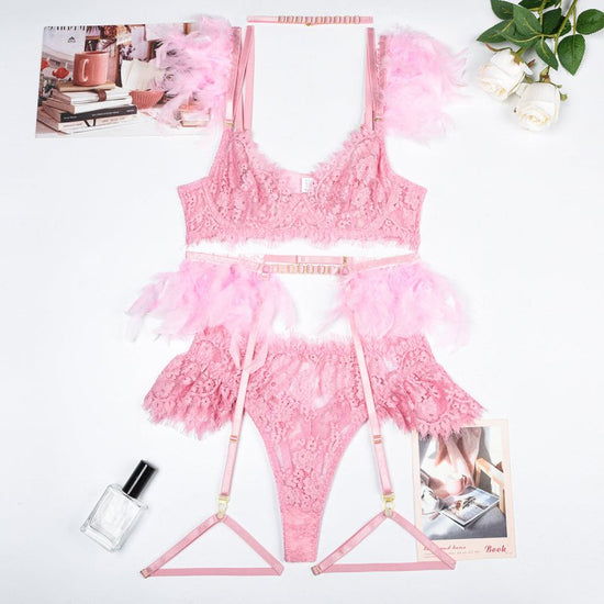 Feather Sexy Lingerie Lace Women Underwear Bra Panty $79.99 Dana Fashion Color: Pink size: L Women's clothing Product information: Fabric name: lace Main fabric composition: Polyester Fiber (polyester) Size: S,M,L,XL Applicable Gender: Female Style: three
