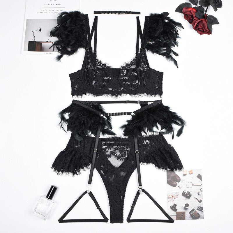 Feather Sexy Lingerie Lace Women Underwear Bra Panty $79.99 Dana Fashion Color: Black size: L Women's clothing Product information: Fabric name: lace Main fabric composition: Polyester Fiber (polyester) Size: S,M,L,XL Applicable Gender: Female Style: thre