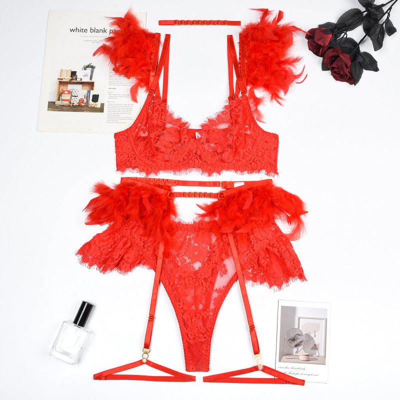 Feather Sexy Lingerie Lace Women Underwear Bra Panty $79.99 Dana Fashion Color: Red size: L Women's clothing Product information: Fabric name: lace Main fabric composition: Polyester Fiber (polyester) Size: S,M,L,XL Applicable Gender: Female Style: three-