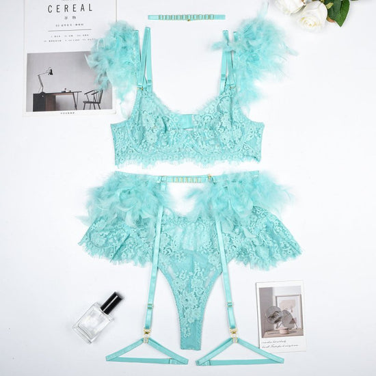 Feather Sexy Lingerie Lace Women Underwear Bra Panty $79.99 Dana Fashion Color: Black size: L Women's clothing Product information: Fabric name: lace Main fabric composition: Polyester Fiber (polyester) Size: S,M,L,XL Applicable Gender: Female Style: thre